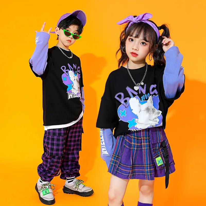 

Boys Hip Hop Fake Two Piece Sweatshirt Joggers Pants Girls Street Dance Purple Miniskirt Child Streetwear Kids Jazz Clothes Set