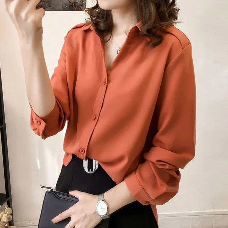 

Commute Spring Autumn Standard Polo-Neck Single-breasted Blouse Fashion Solid Color All-match Long Sleeve Korean Straight Shirt