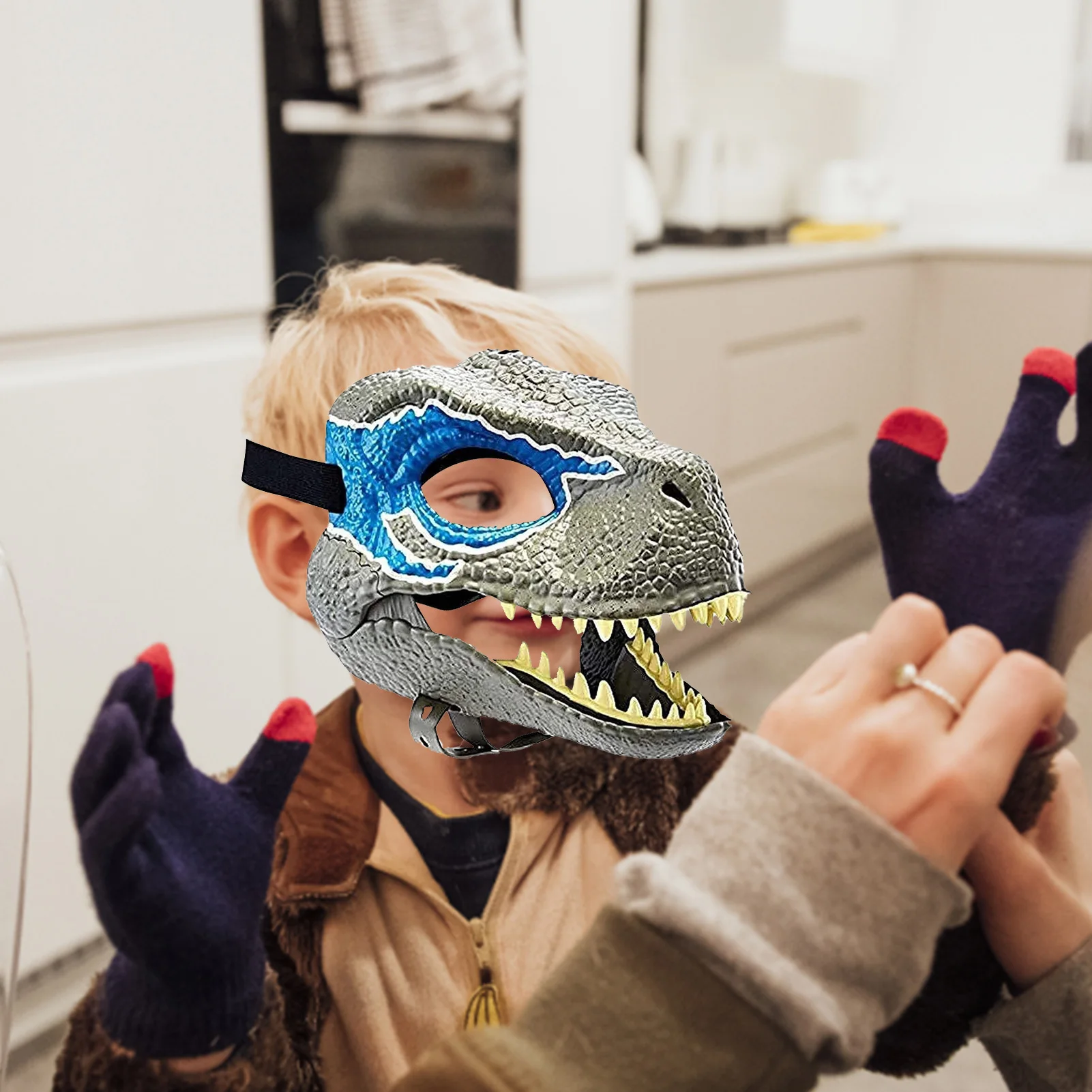 Maschera di dinosauro con apertura della mascella, aperture degli occhi e  del naso e cinghia sicura