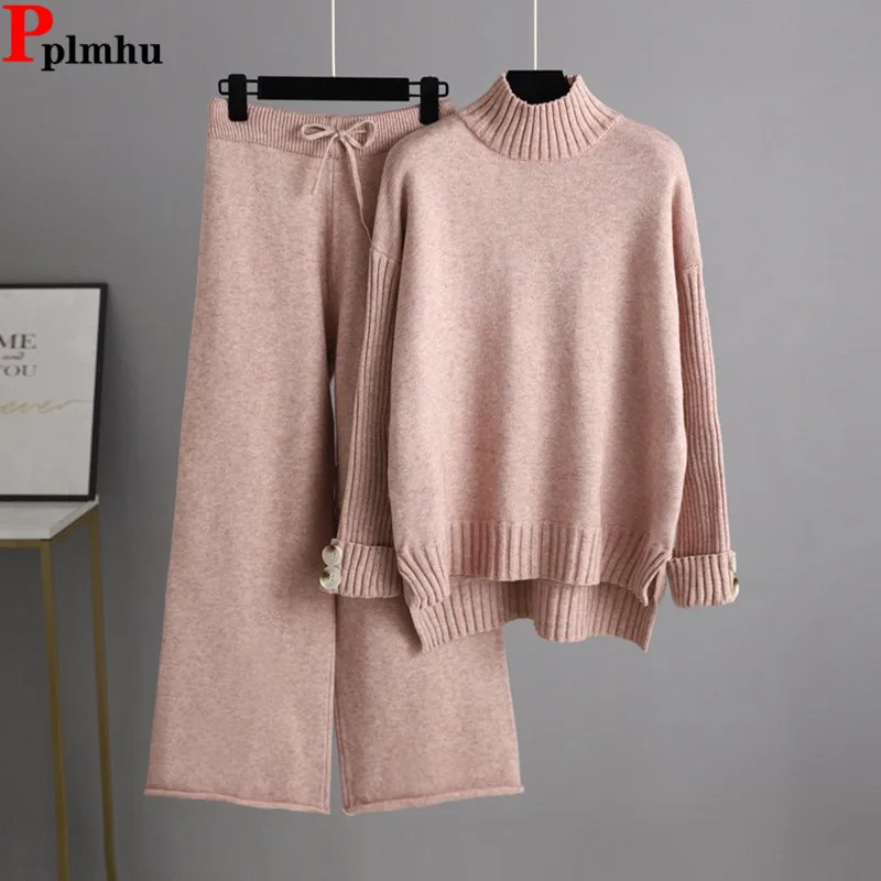 Korean cohesive design women's set turtleneck thick loose knit sweater tops high-waisted wide-leg pants outfit.