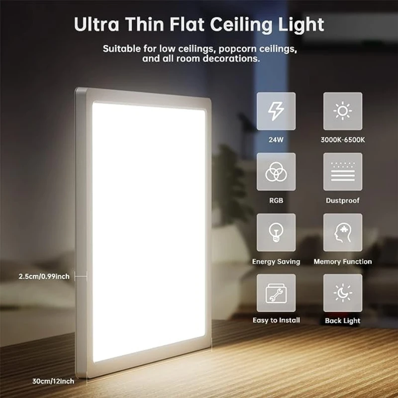 24W Square Smart WiFi LED Panel Ceiling Light Dimmable RGB Ceiling Lamp with Remote Control For Living Room Bedroom Decor Light led light led ceiling light led panel
