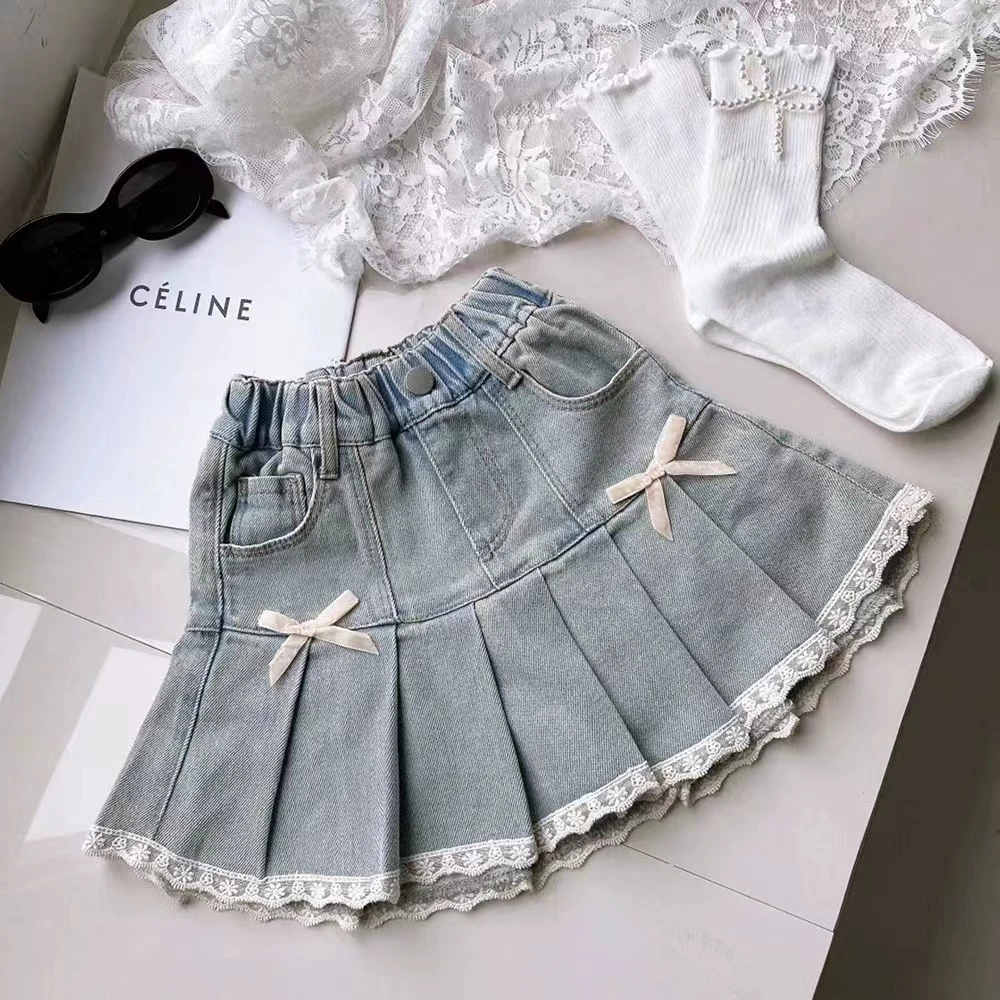 Girls Mini Jean Skirts Little Girls Boho Trim Pleated Denim Skirt