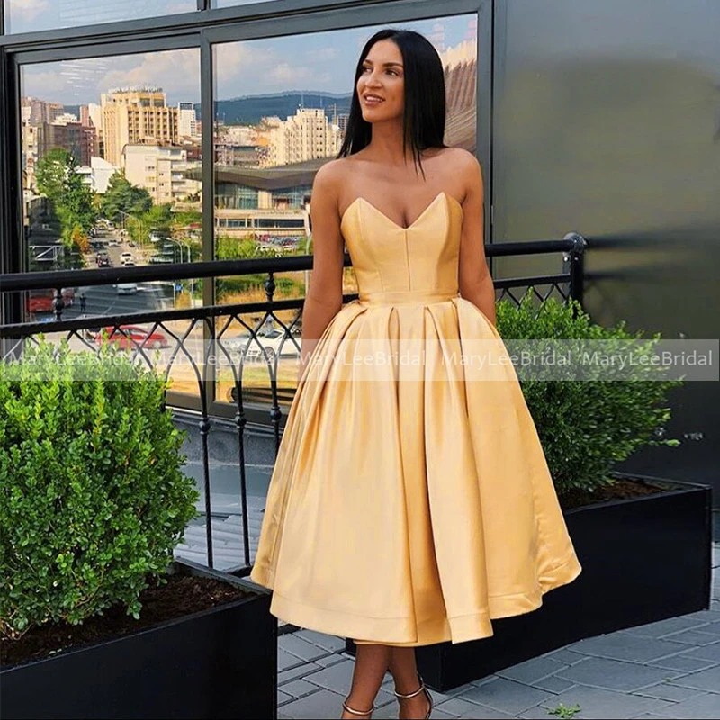 de fiesta corto de satén para niña, vestido de fiesta de graduación, longitud de té, escote Corazón, dorado,vestido graduación|Vestidos de graduación| AliExpress