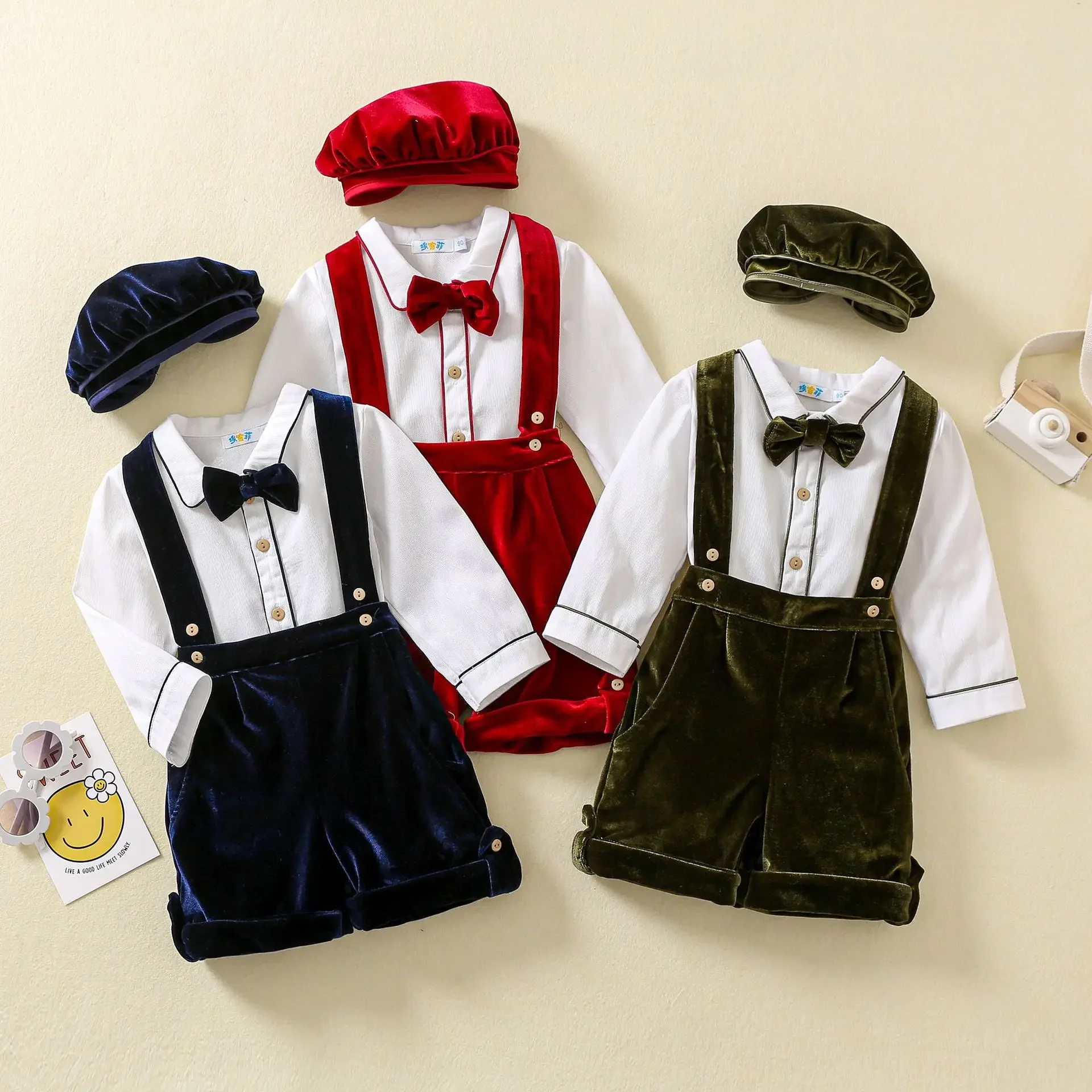 

Newborn Clothes Suit Baby Boy Clothing Sets New Years Birthday Party Children Red Blouse Velvet Pants 3PCS Outfits With Hats 12M