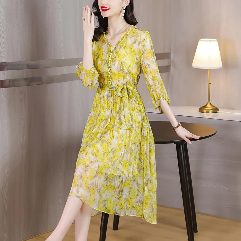 

2023 New Fashion Silk Printed Dress Women's Summer Elegant Versatile V-Neck Loose Fit Casual Holiday Dress Vestidos