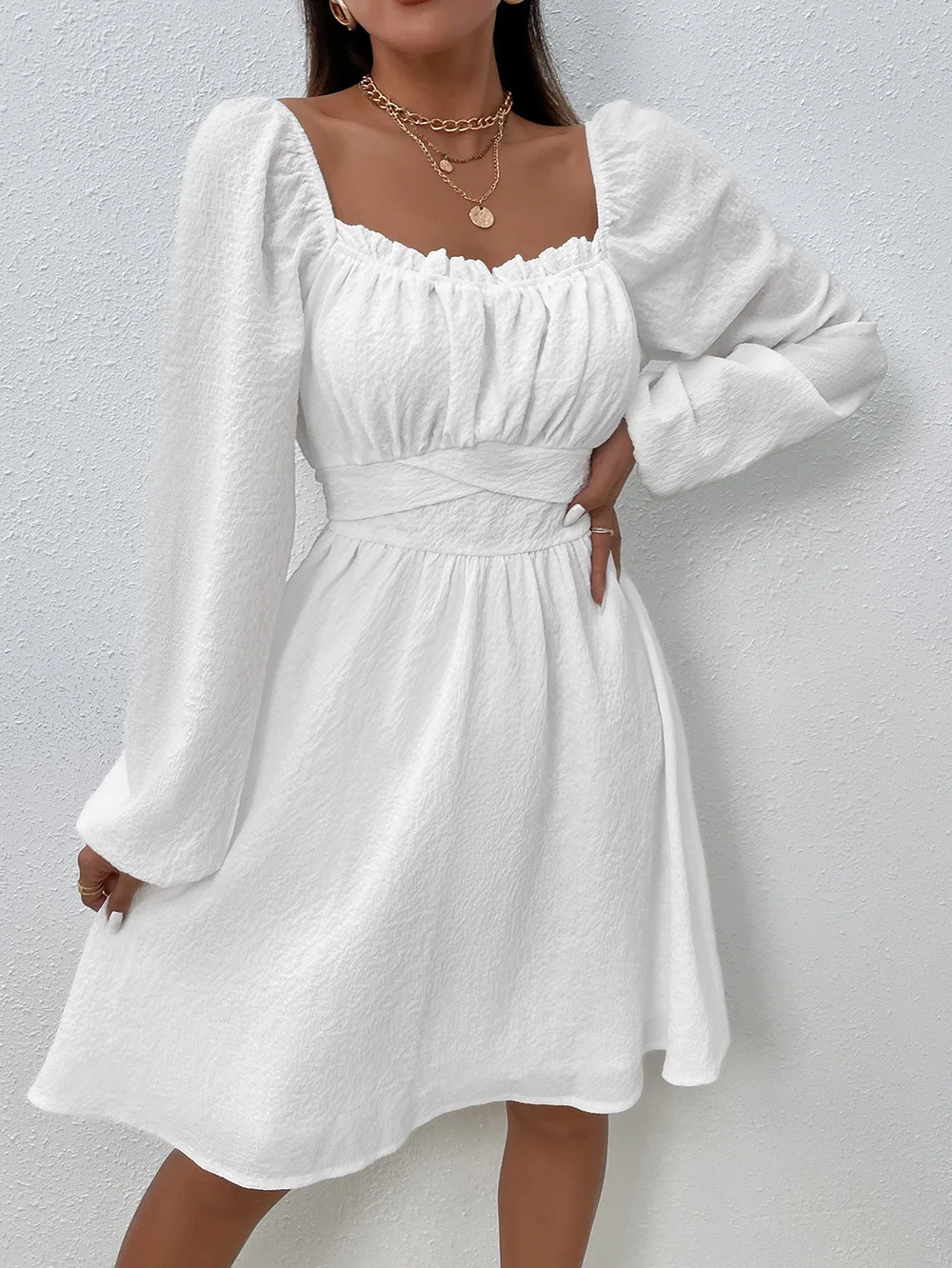 

Women's Dress 2023 New Hot Fashion Pullover Square Neck Long Sleeve High Waist Dress Temperament Commuter White A-line Dress