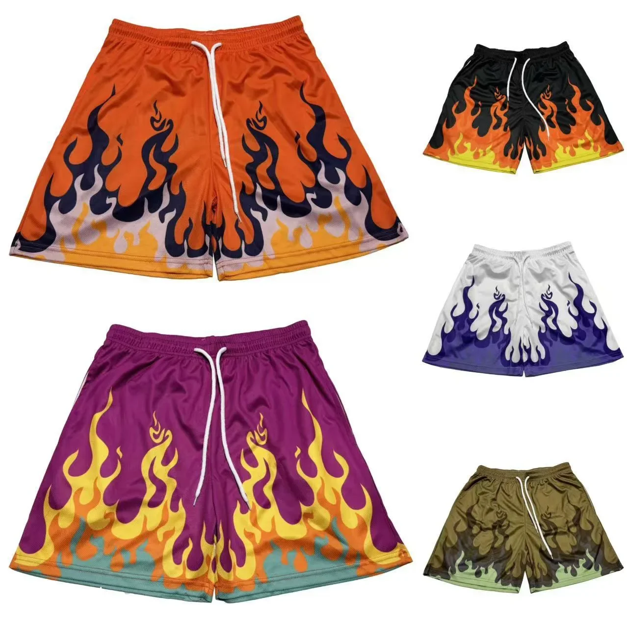 Loose Men's Basketball Shorts Quick Dry Mesh American Flame Print Street Hip Hop Sporty Quadrapartite Pants Skateboard Long Pant