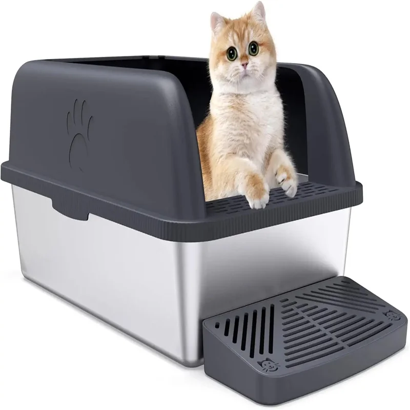 

Stainless Steel Cat Litter Box With Lid XL Extra Large Big Cats Metal Litter Box High Side Anti-Urine Leakage Litter Pan Scoop