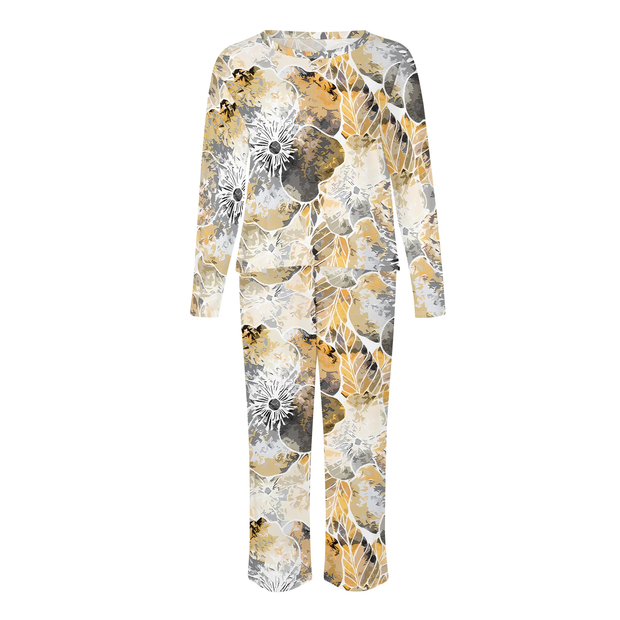 Zweiteiliges Set für Damen in Übergröße mit 3D-geometrischem Druck, lässiges, lockeres, langärmliges Zweiteiler-Set mit Rundhalsausschnitt (Tasche) – Detail 3