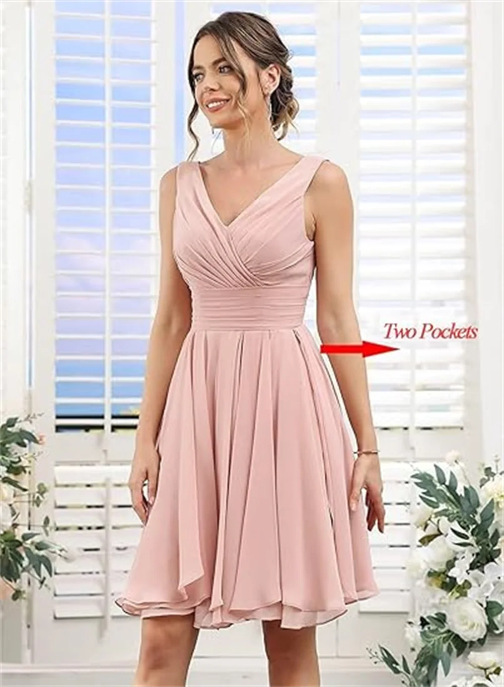 Sleeveless V Neck Chiffon Short Bridesmaid Dress With Pockets A Line Pleats Homecoming Dress For Teen Mini Party Gown