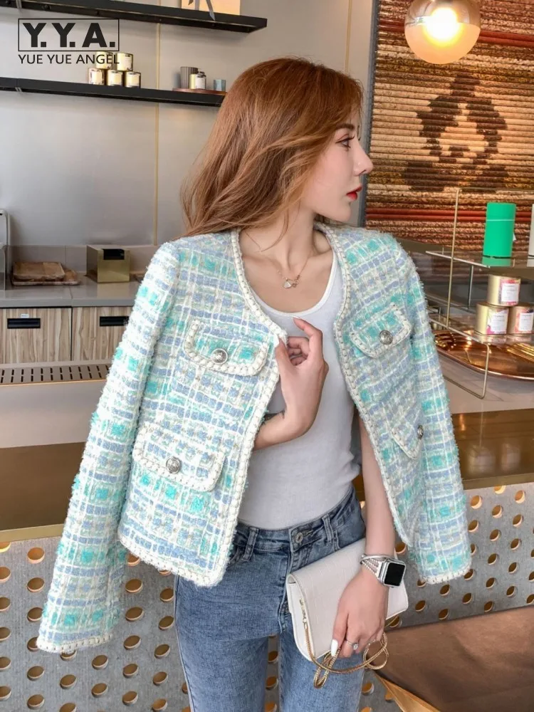 

2024 Spring Office Ladies Elegant Lattice Tweed Jacket O-Neck Long Sleeve Slim Fit Fashion Short Coat Designer Women Outerwear