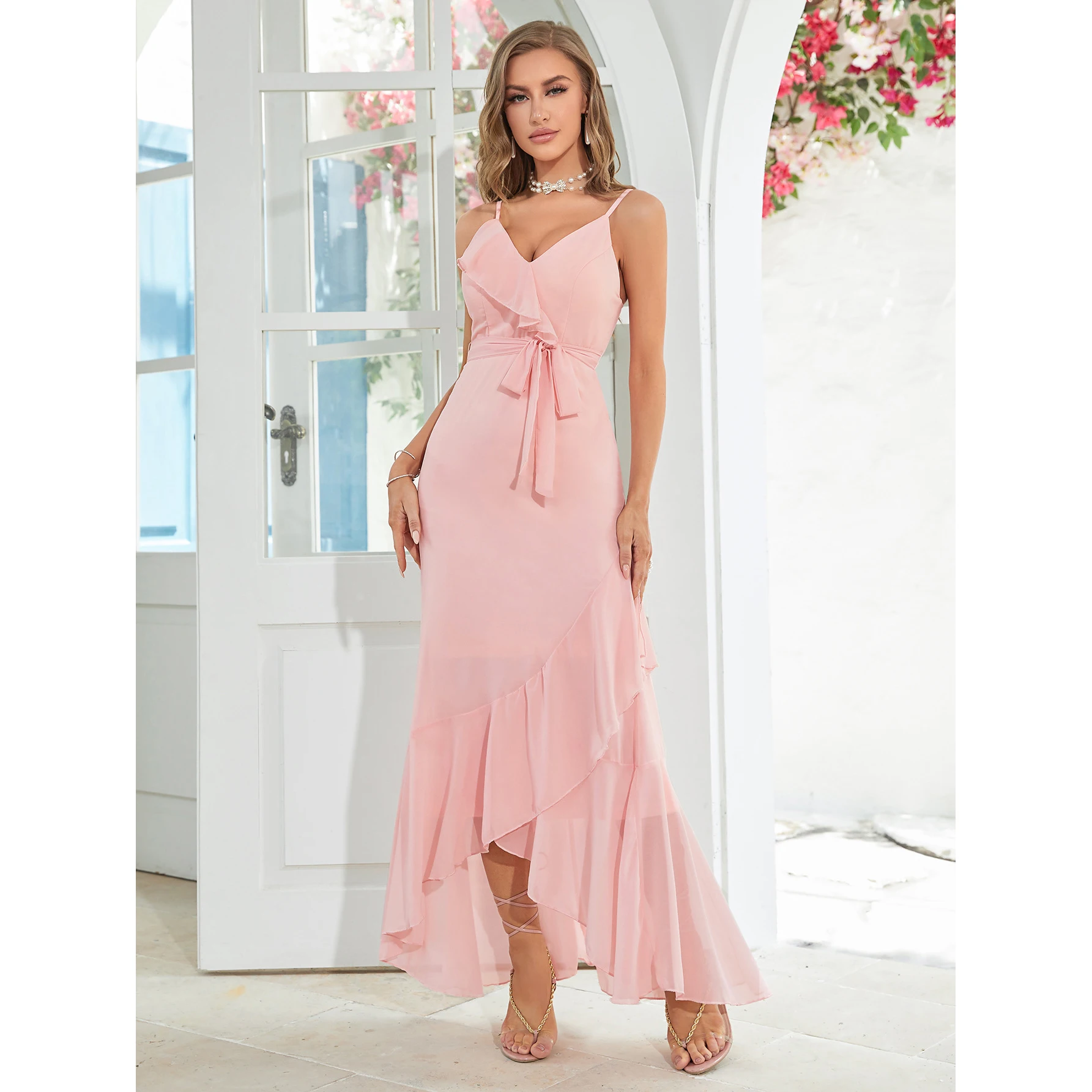 

High Quality Women Maxi Dress Summer Fashion Casual Solid V Neck Sling Nipped Waist Lace Up Ruffle Loose Elegant Sexy Dresses
