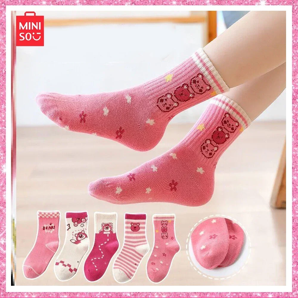 

2024 New Miniso Lotso New Pink Cute Socks 5-Pcs Winter Students Cotton Anti-Fungal Disease Mid-Calf Socks Socks Birthday Gift