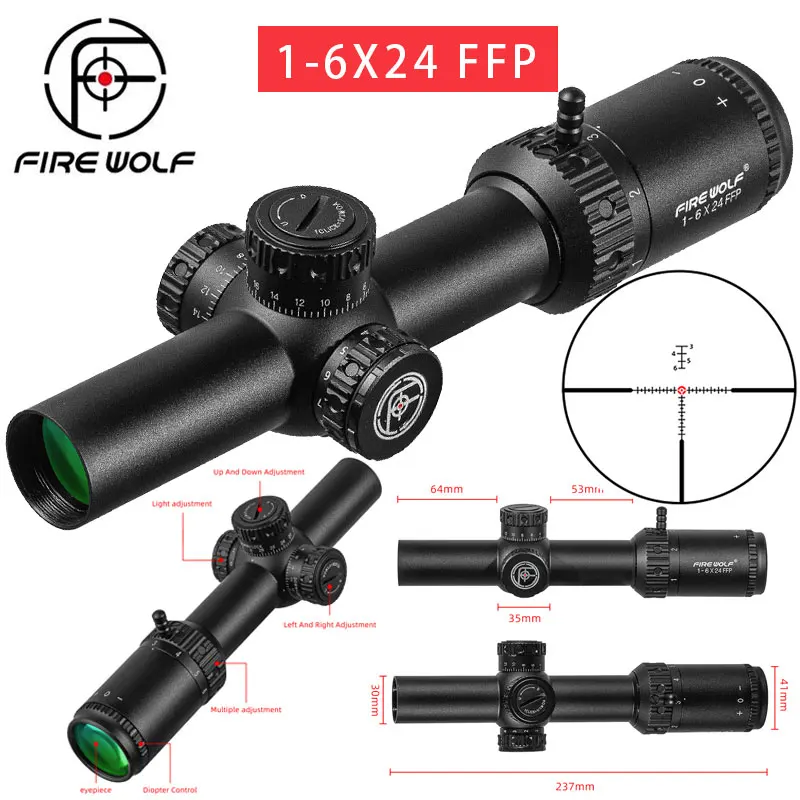 

FIRE WOLF FFP 1-6X24 ИК компактный охотничий прицел, тактические прицелы, стеклянная гравированная сетка, широкое поле зрения, оптический прицел