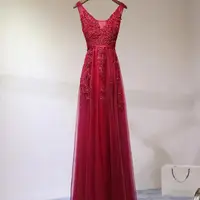 Women Burgundy Evening Dress Lace Appliques Tulle V-Neck Sexy Backless Prom Dresses A-Line Floor-Length Sleeveless Party Vestido - Image 2