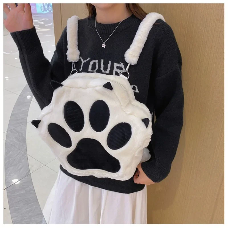 Richme Kawaii Cat Paw Backpacks Female Winter New Fluffy Patchwork Women Bags Funny Large Capacity Students Mochila Femenina
