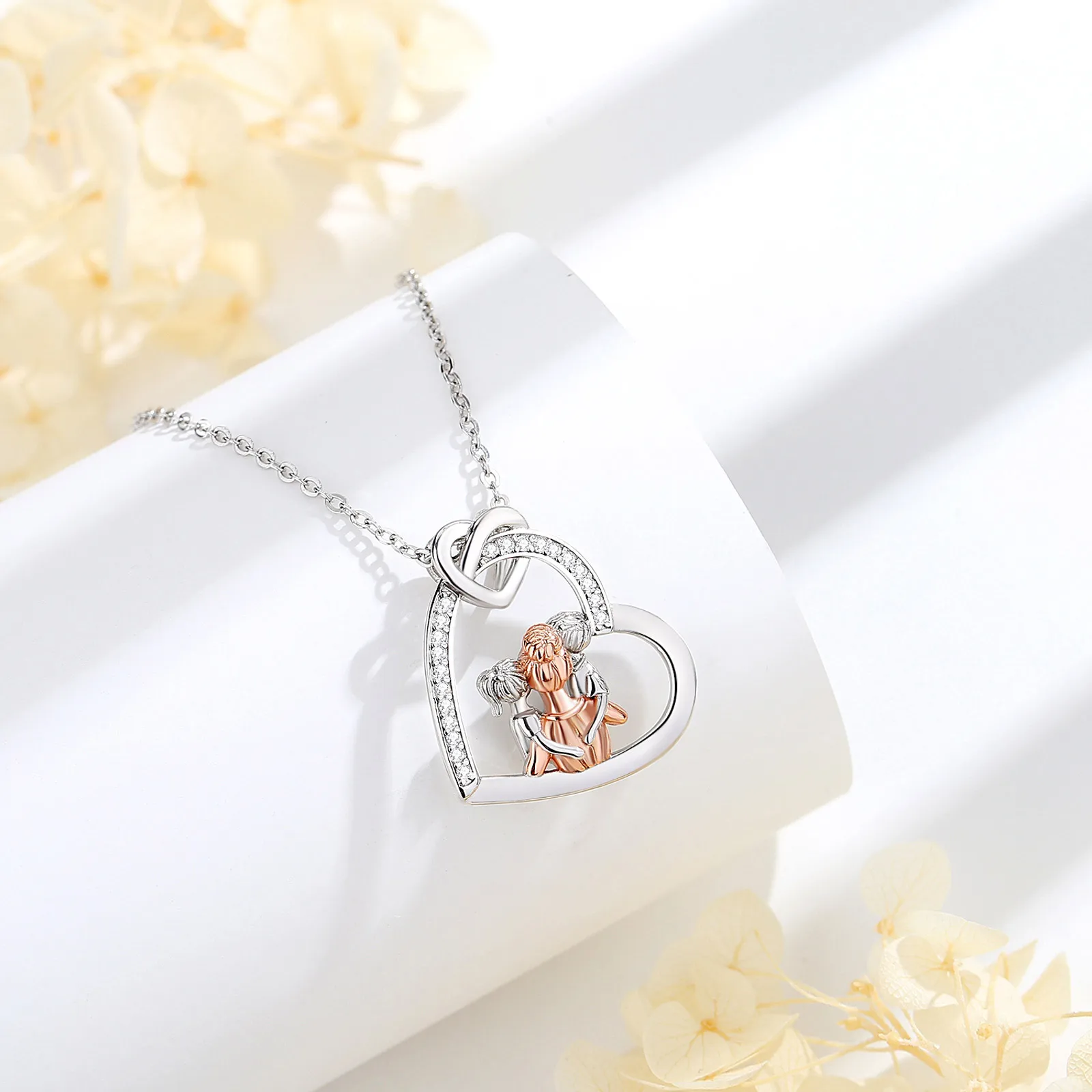 Silver Pendant Necklace 925 Sterling Silver Mother Kids Heart Zircon Rose Gold Mom Boy Girl