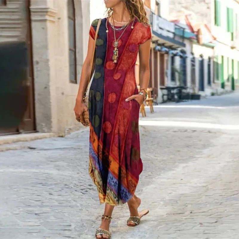 

Short Sleeved 2023 Summer Round Neck Mid Waist Pocket Short Sleeve Fashion Comfortable Women's Printed Elegant A-line Long Dress