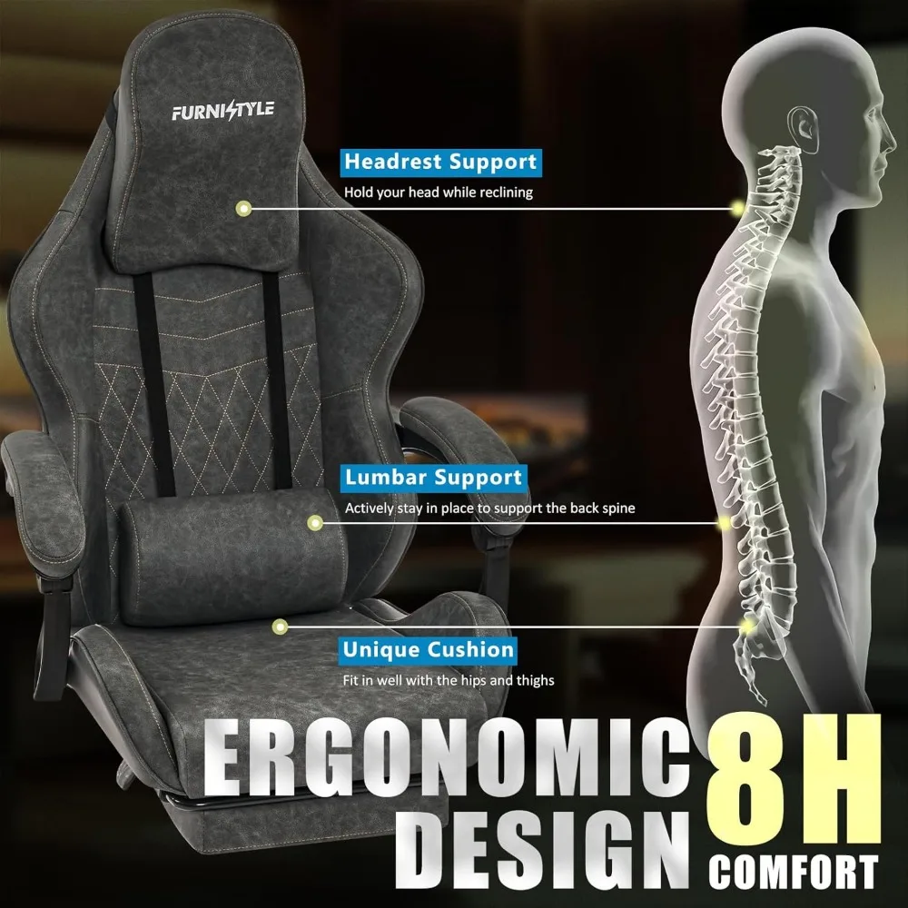 Gaming Chair Retro PU Leather Video Game Chair with Large Lumbar Support, Linkage Armrests, Ergonomic Computer Chair for Gaming 6