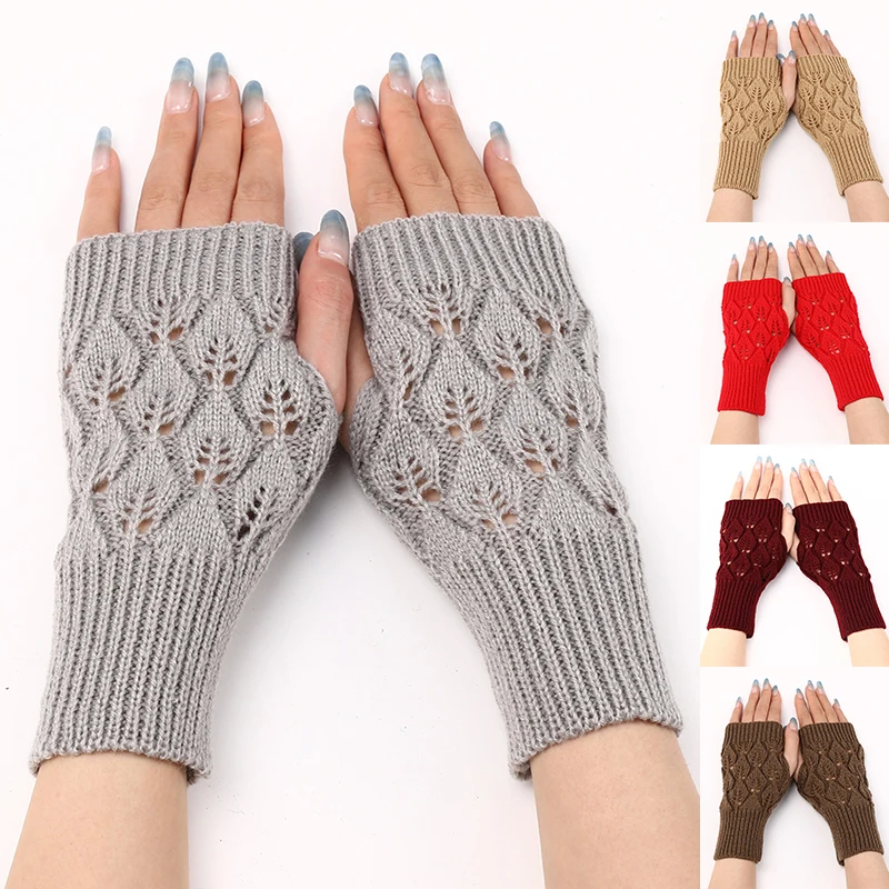 Winter Warm Fingerless Knitted Gloves For Women Acrylic Stretch Half Finger Arm Glove Crochet Knitting Faux Girls Mitten Gloves