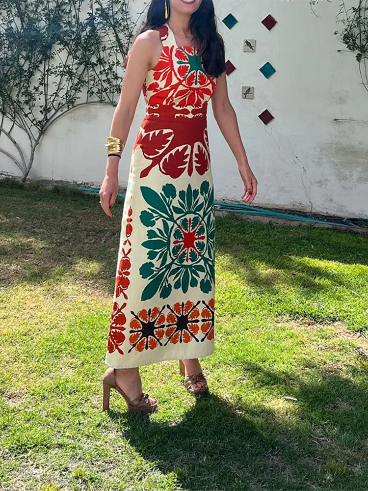 

Модное Длинное Платье с цветным принтом и лямкой на шее для женщин, пикантные облегающие платья без рукавов с открытой спиной, элегантное женское платье для отпуска, модель 2024 года