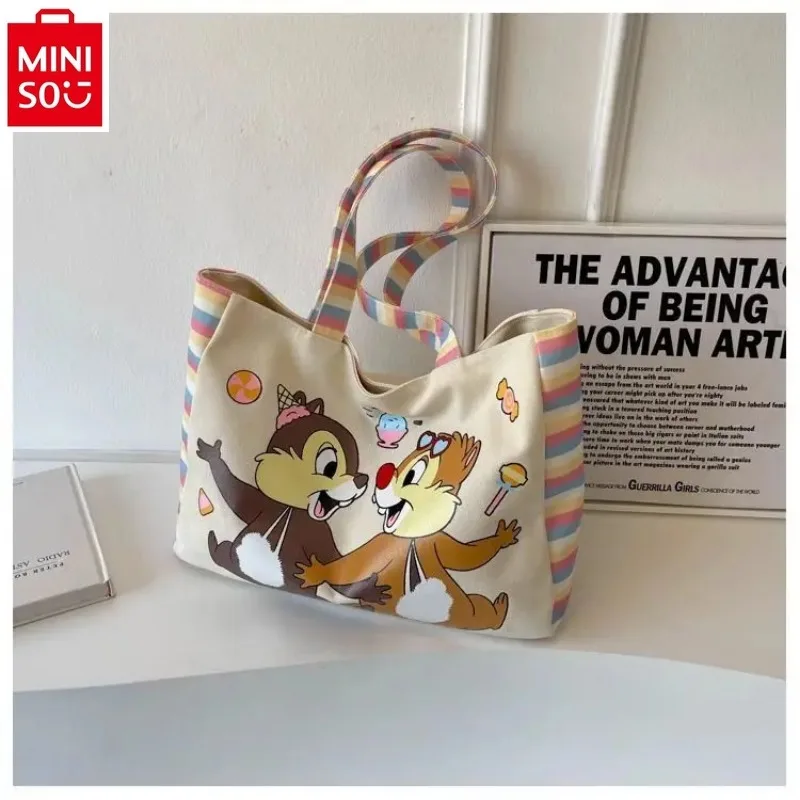 MINISO Disney Carton Chichitti Fashion Canvas Printed Cute Shoulder Bag Women's Large Capacity Multi functional Storage Tote Bag
