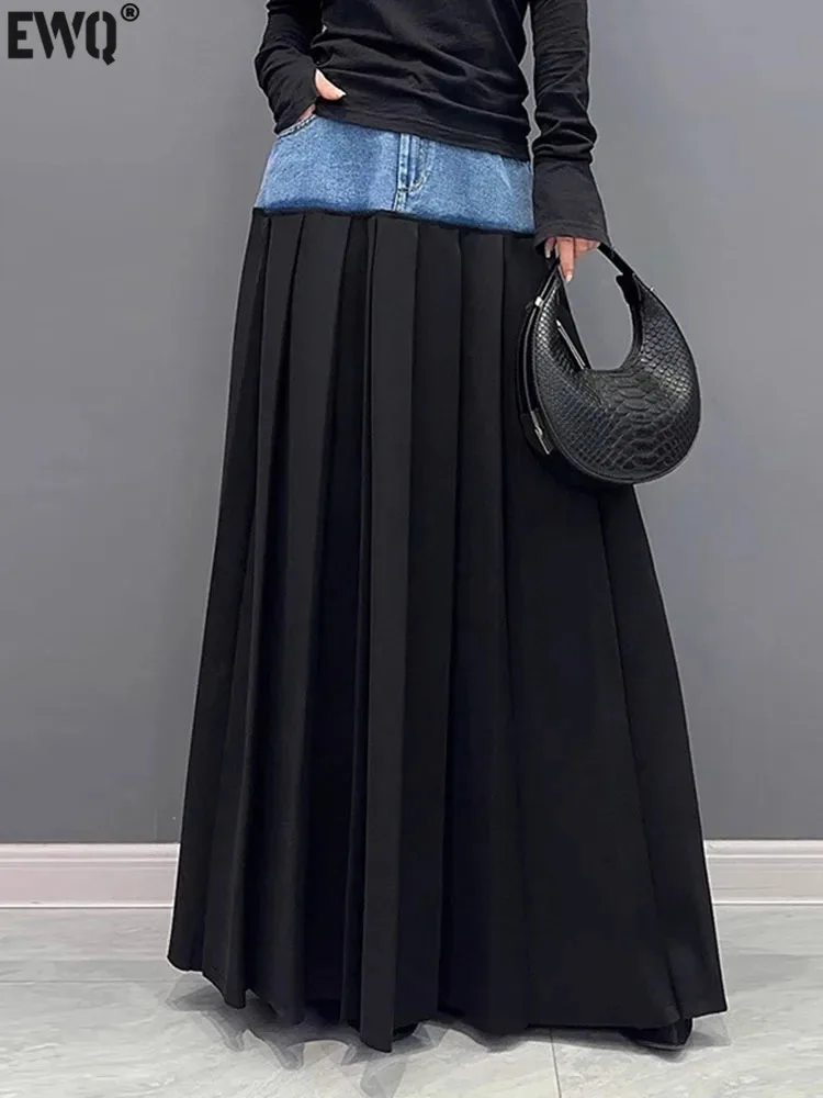 

[EWQ] High Street Contrasting Color Patchwork Loose Fashion Pleated Y2k Half Length Skirt For Women 2024 Spring Summer 16U8587