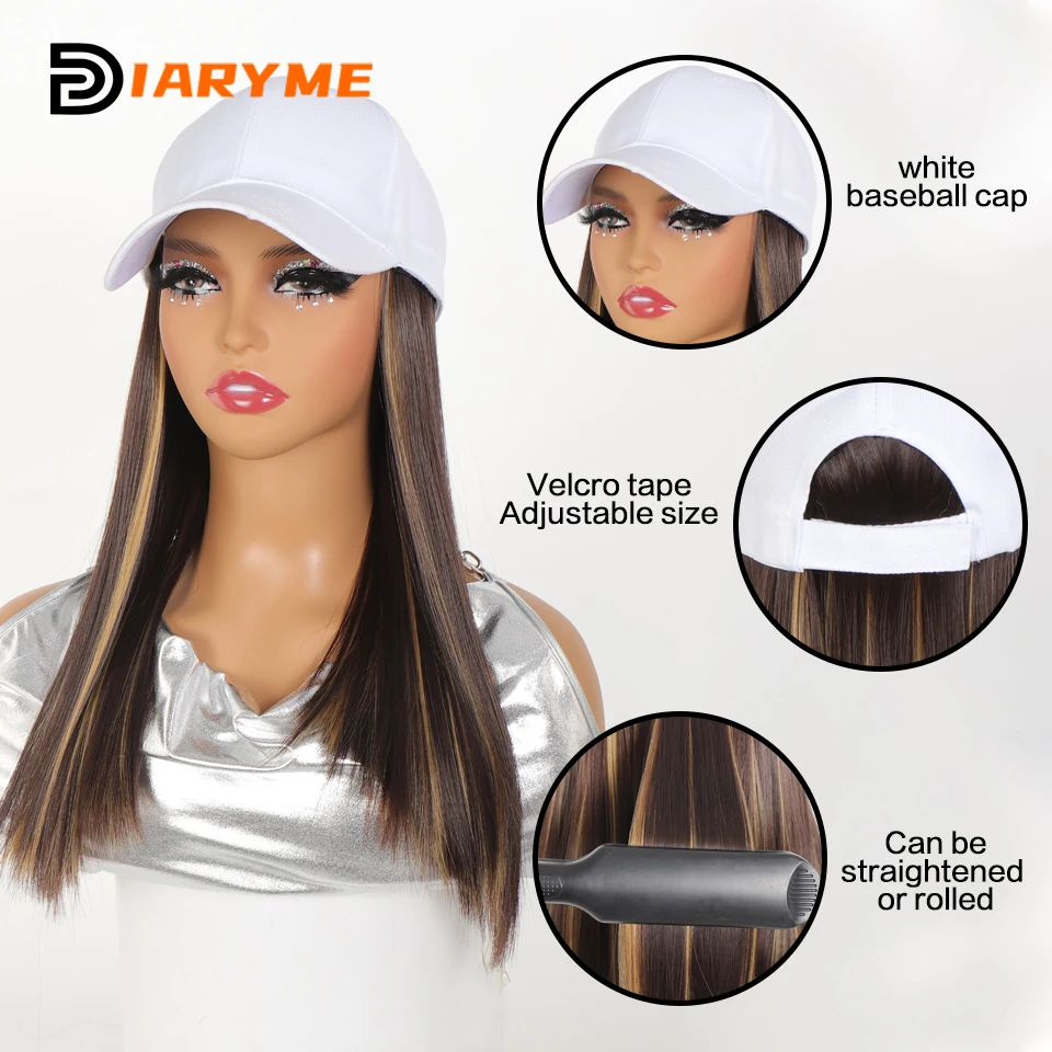 Baseball cap wig Synthetic Wigs With White Black Hat Long Straight Hair Wigs For Women connect Hat One Piece Wig Hat adjustable