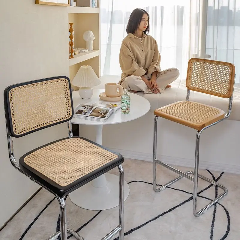 Nordic Solid Wood Rattan Bar Chair Home High Stool Simple Retro Bar Chair Front Desk High Furniture