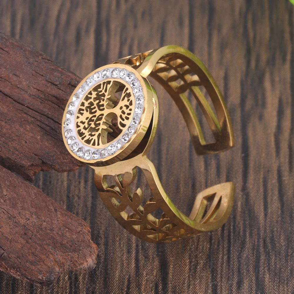 Stainless Steel Rings Finger Rings Metal Rings Fashion Rings Fashion Ring Women's Adjustable Tree of Life Jewelry Accessories Rhinestones Aesthetic Dating Rings For Women