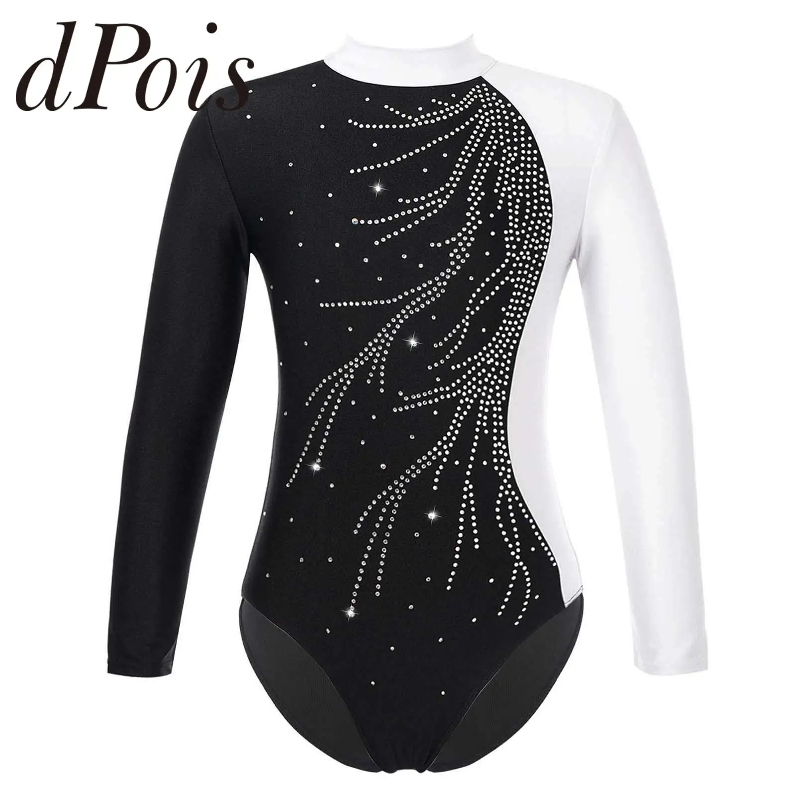 Children Gymnastics Leotard for Girls Kids Long Sleeve Shiny Rhinestone Ballet Dance Leotard Ice Skating Jumpsuit Bodysuit