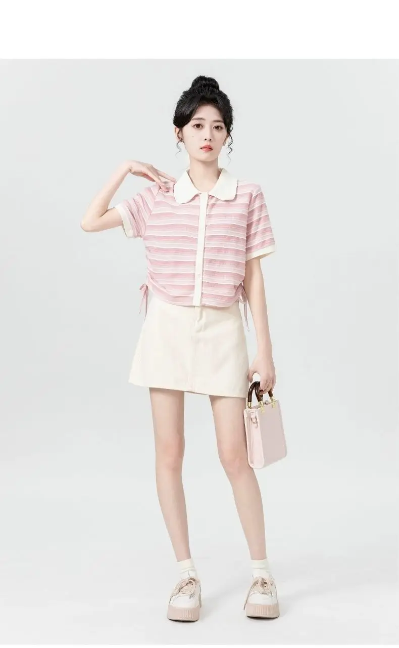 Korean Striped Shirt Drawstring Cardigan Summer New Lapel Neck Thin Tops Women Y2k Casual Short Sleeve Fit T-Shirt