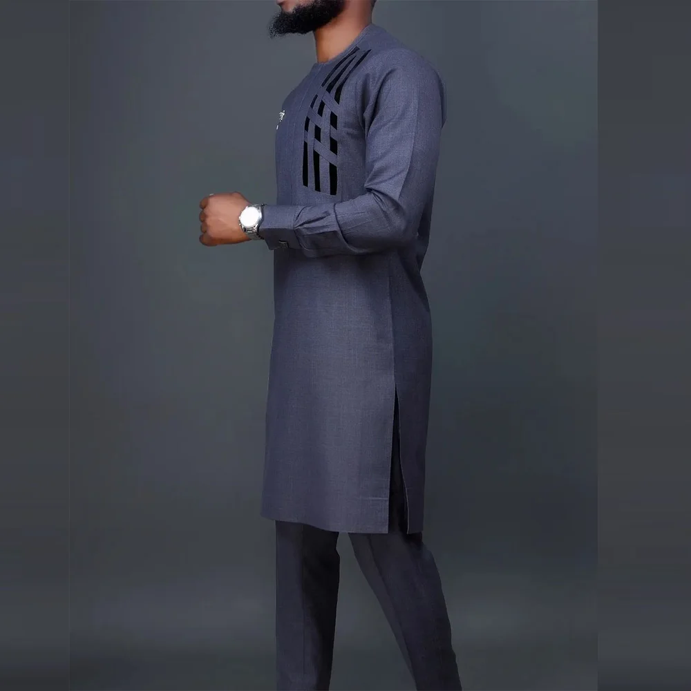 New Kaftan African Men Outfit Solid Color Paneled Shirt and Social Pants 2 Piece Set Luxury Full Men's Suit Wedding Men Clothing