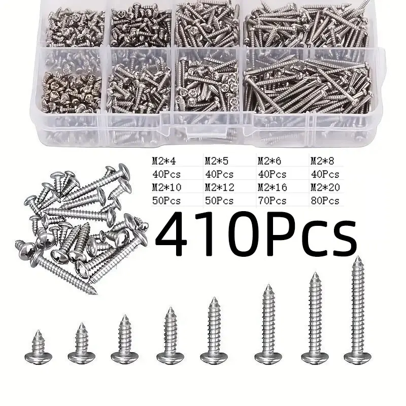 400/410개입 박스형 미터법 M2 탄소강 니켈 도금 팬 헤드 필립스 셀프 태핑 나사 모음
