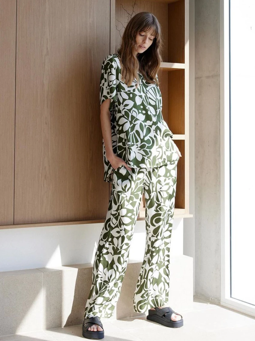 Marthaqiqi Casual Ladies Sleepwear 2 Piece Set Turn-Down Collar Pajama Short Sleeve Nightwear Pants Printing Female Pyjamas Suit