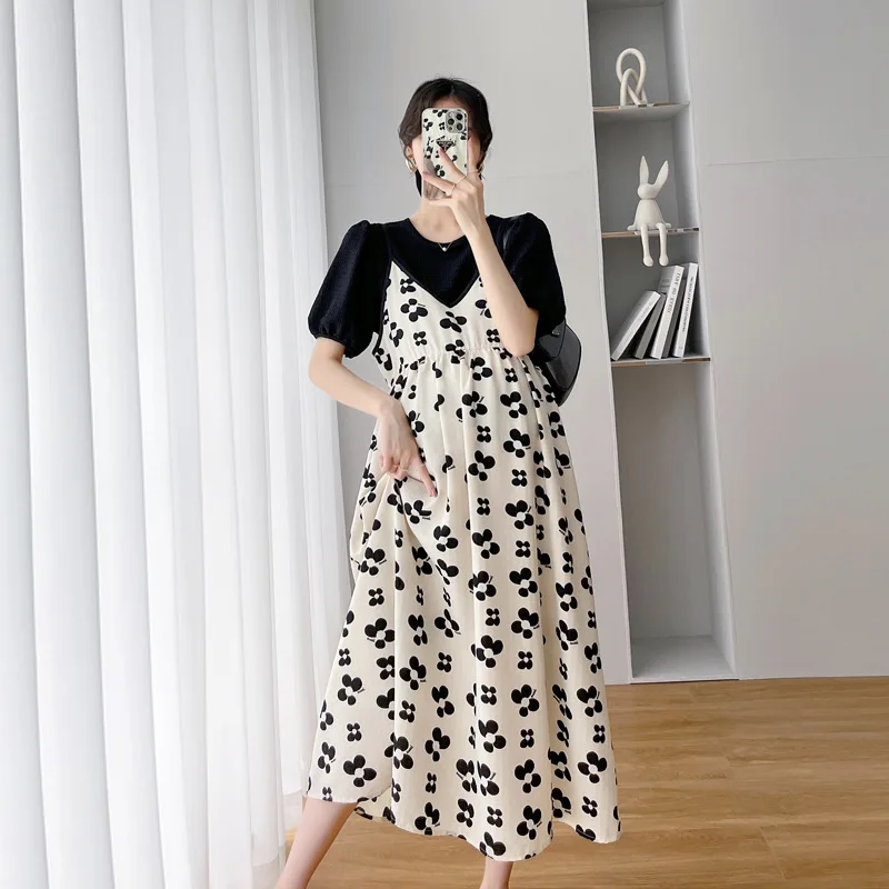 2 Pieces Maternity Floral Sling Dress For Summer 2022 New Casual O-Neck Short Sleeve Loose Elegant French Pregnancy Vestidos