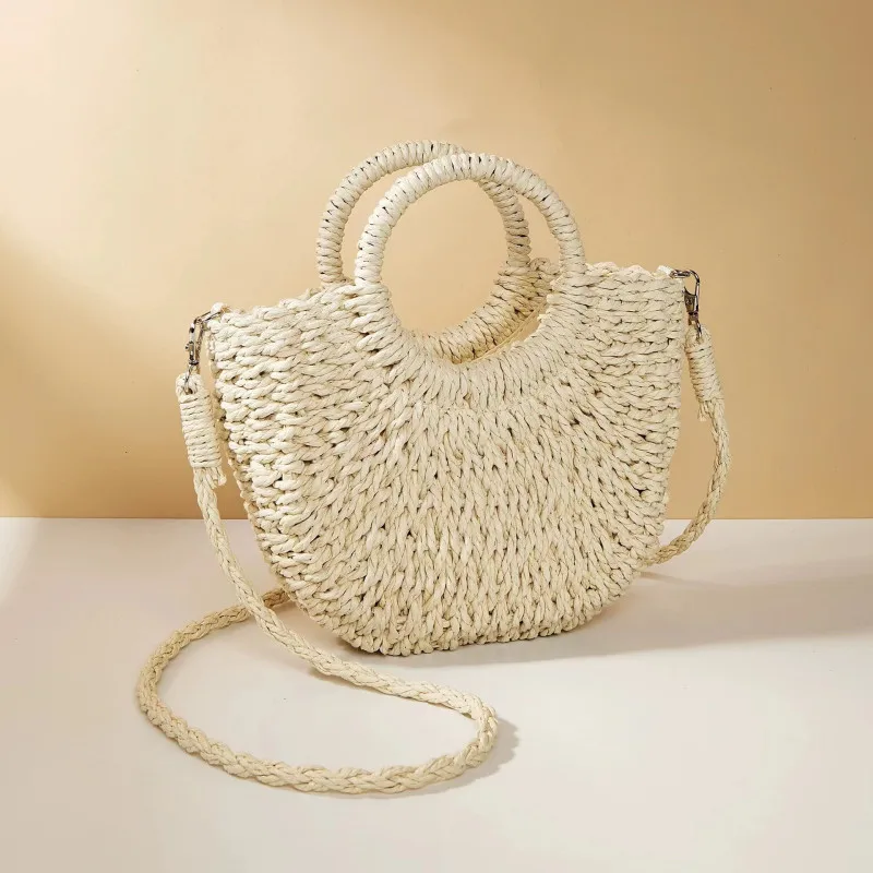 Hand gewebte Stroh Rattan Halbmond Strand Handtasche große Kapazität Frauen Sommer hohl aus Crossbody-Umhängetasche – Detail 4