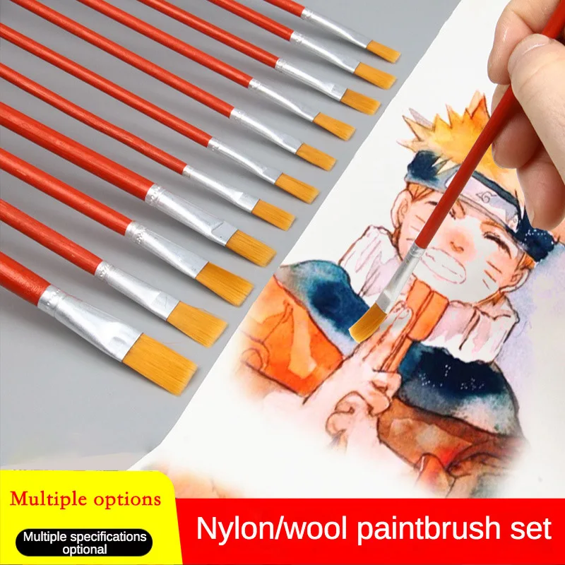 

6/12 Pcs Artist Nylon Hair Flat Head Wooden Handle Watercolor Acrylic Wool Oil Paint Brush Set for Drawing Art Supplies