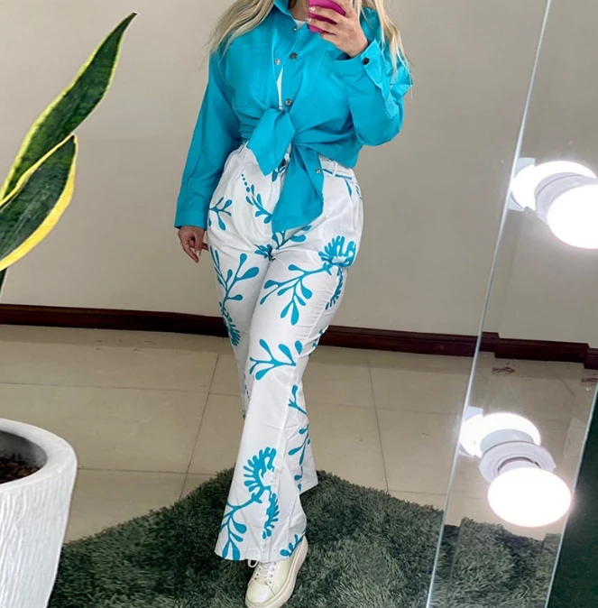Casual Long Sleeved Lapel Shirt, Printed High Waisted Pocket, Casual Set, Latest Fashion Hot Selling Women's Clothing, Fresh
