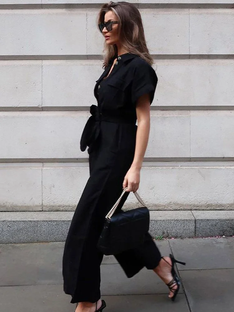 Sibybo Simple Jumpsuit Stylish Solid Color Temperament Wide Leg Pants Casual Patchwork Pants Autumn Women's Daily Work Clothes