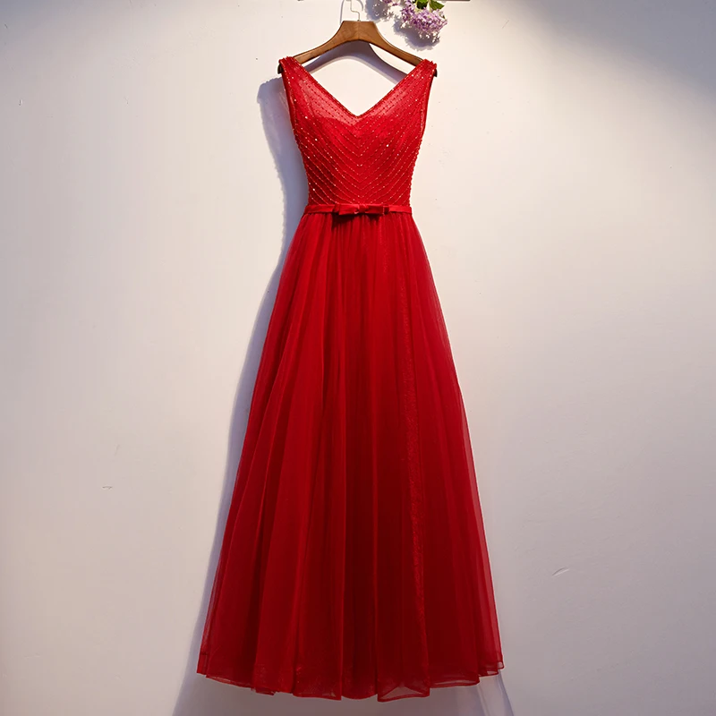 

Evening Dress Burgundy V-Neck Ruched Floor-Length Sleeveless A-Line Lace Up Tulle New Plus Size Woman Formal Party Gowns XC231