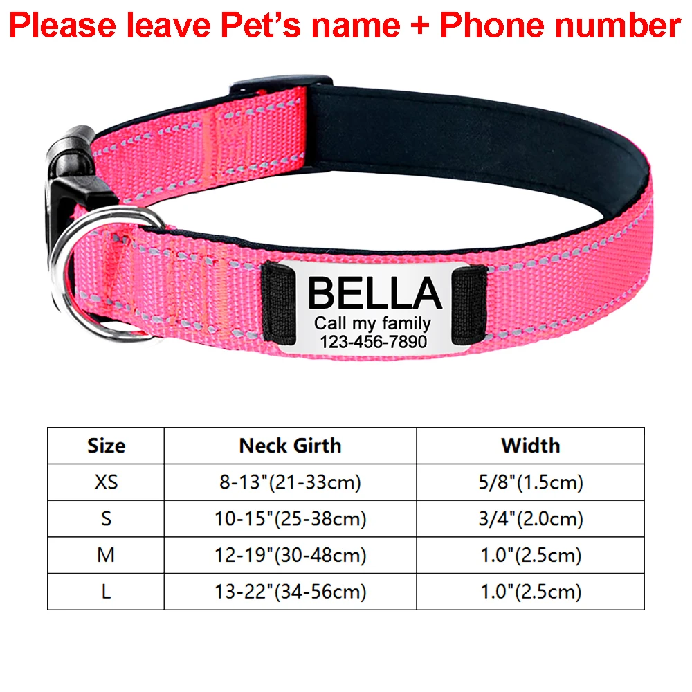 thumbnail image 1 of Collares de nailon reflectantes ajustables para perros con etiqueta de identificación con nombre grabada personalizada, collar luminoso personalizado para cachorros, collar unisex grande, 1 of 5