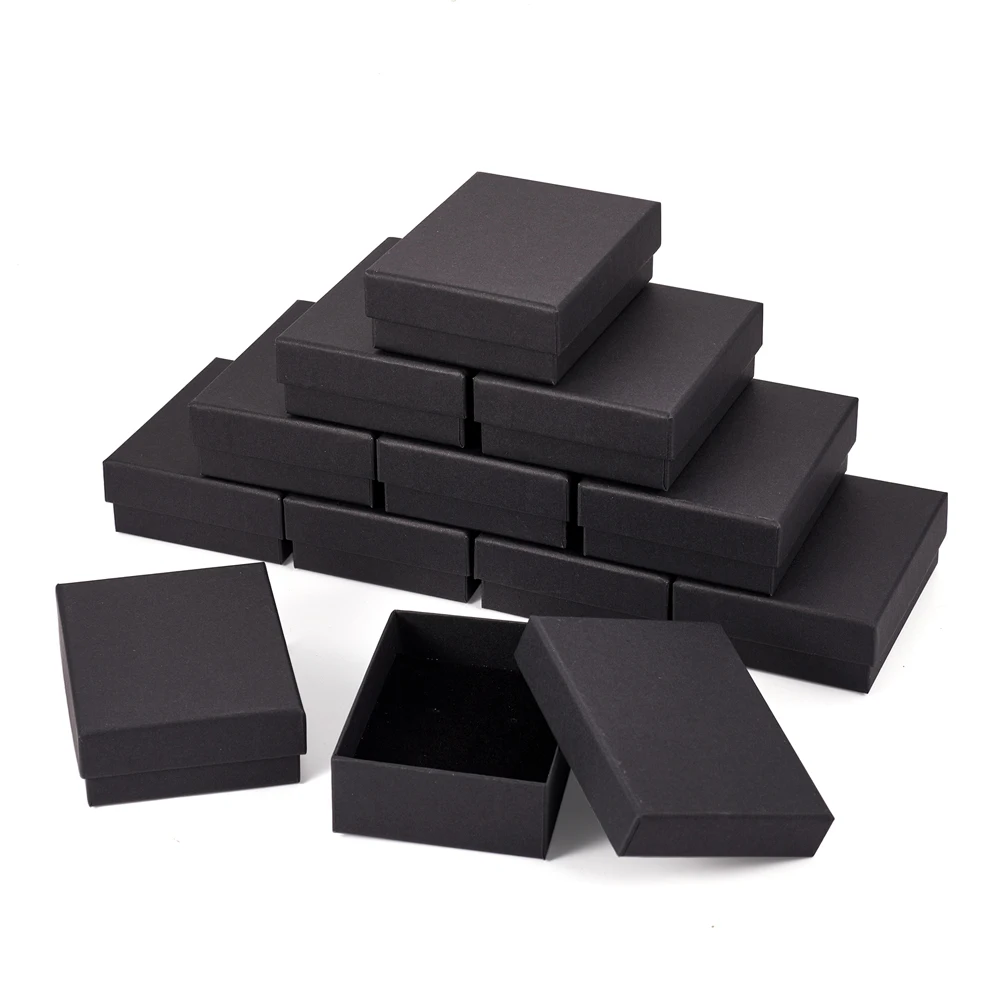 12~24pcs Black Cardboard Jewelry Boxes Sponge inside Square Rectangle Gift Storage Display Boxes for Ring Necklace Earrings