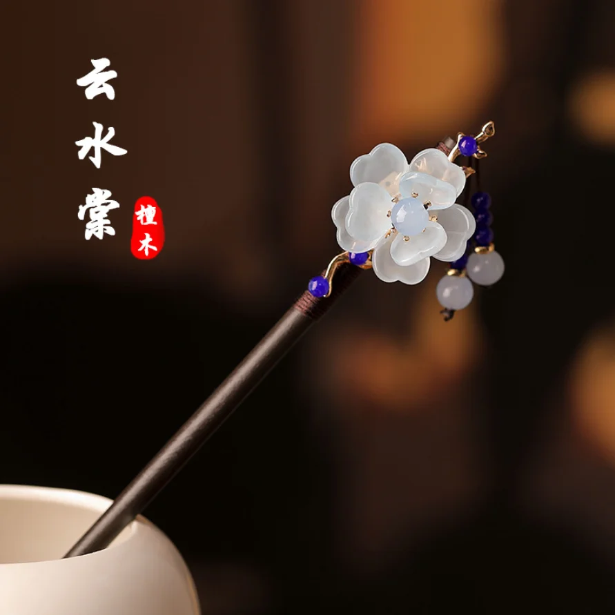 Retro Rote Blumen-Holzhaarnadel für Frauen 2025 Neujahr Hanfu Perlen Quaste Haarspange Chinesischer Stil Haargabel Hanfu Accessoires – Detail 5