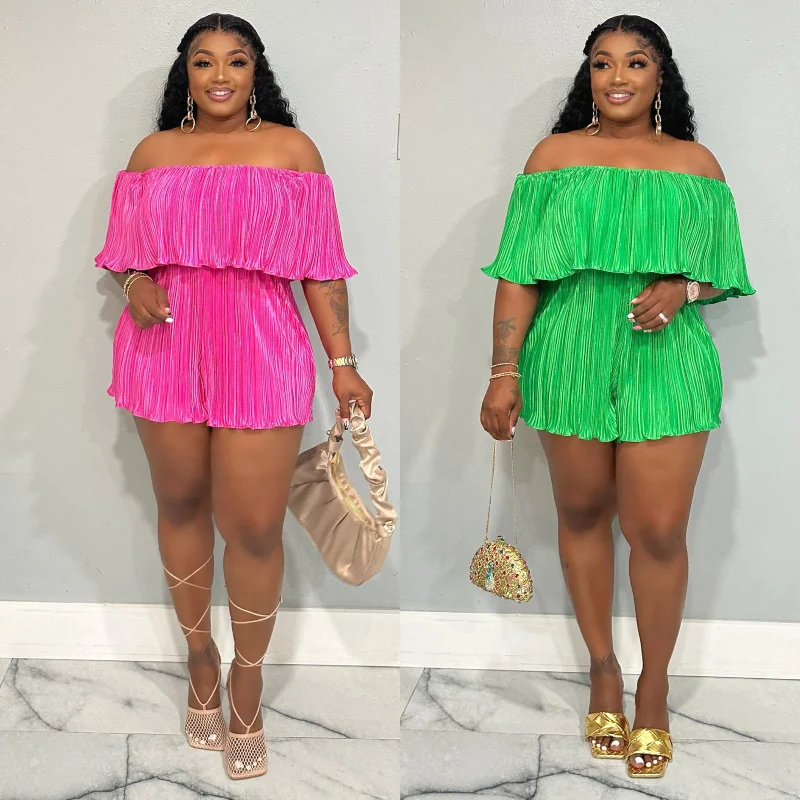 

WUHE Sexy Off Shoulder Playsuits for Women Summer Ruffles Pleated Rompers Womens Jumpsuit Slash Neck Party One Piece Outfits