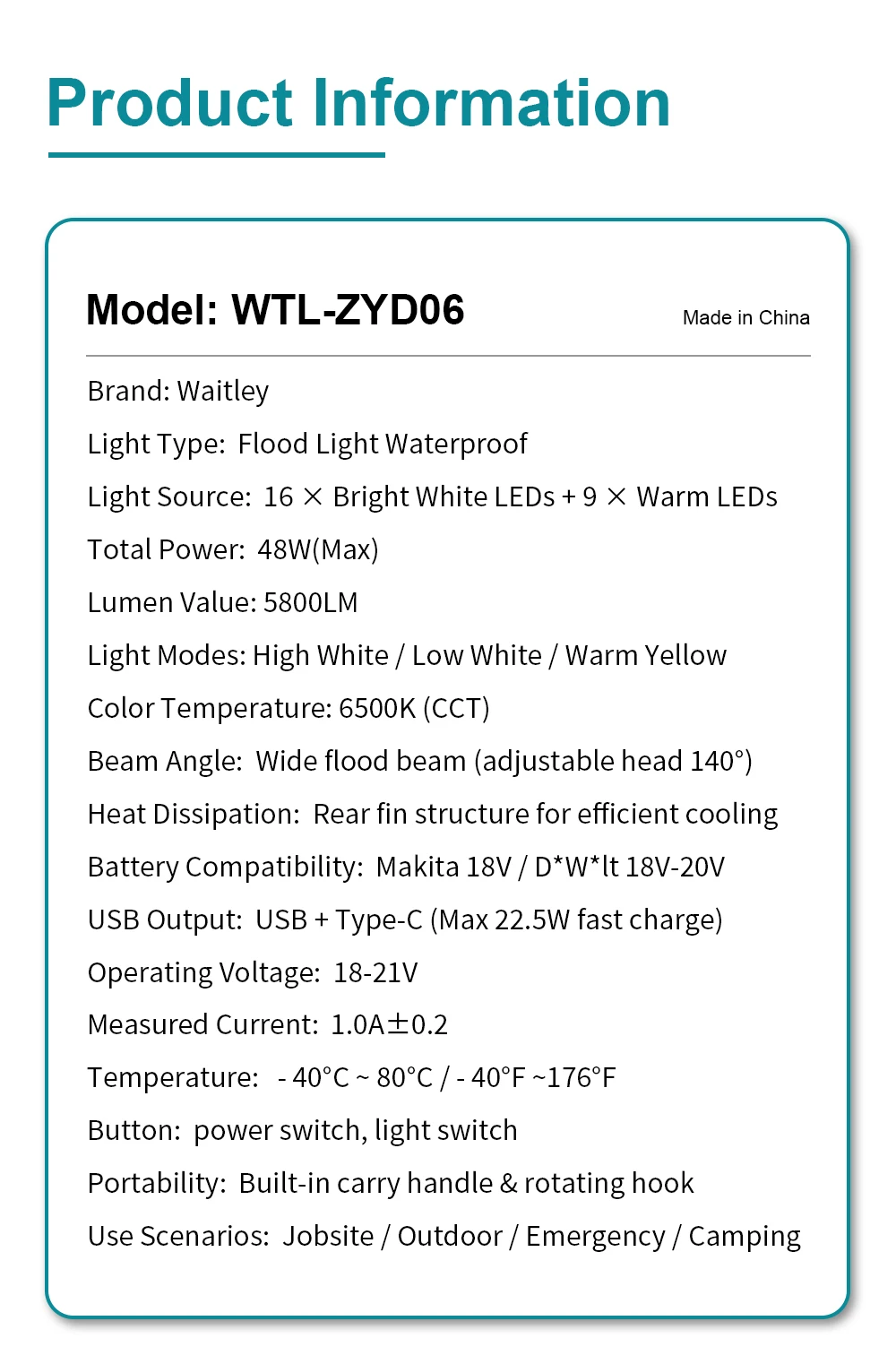 LED Work Light for Makita 18V Battery Portable Outdoors Floodlight Camping lamp