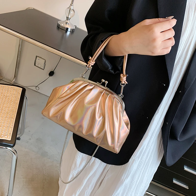 Women Handbag Pleated Leather Shoulder Bag Clip Crossbody Bag Purse