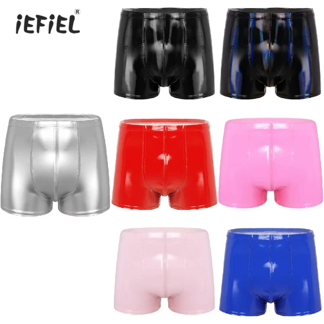 Mens Wetlook Patent Leather Board Shorts Bulge Pouch Boxer Briefs