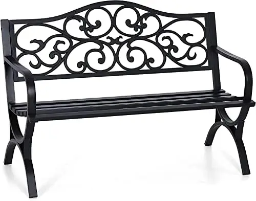 

Cast Iron Steel Frame Garden Bench Outdoor Bench Chair w/Floral Design Backrest, Slatted Seat for Park, Yard & Porch, Black Cab