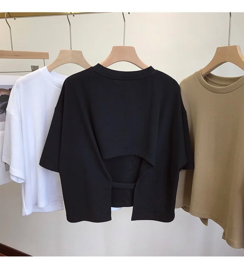 Summer Clothes Korean Sexy Backless Short O-Neck Women Casual Solid Color T-Shirt Short Sleeve Girl Tee Shirt Fashion Tops 4